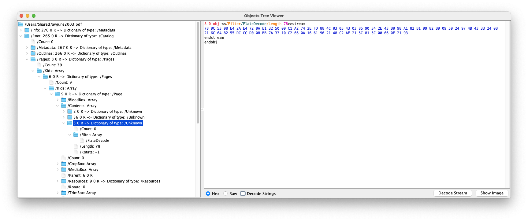 JPedal PDF Inspector showing the COS object tree of a PDF file