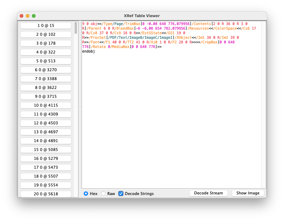 JPedal PDF Inspector showing XRef table entries and their objects