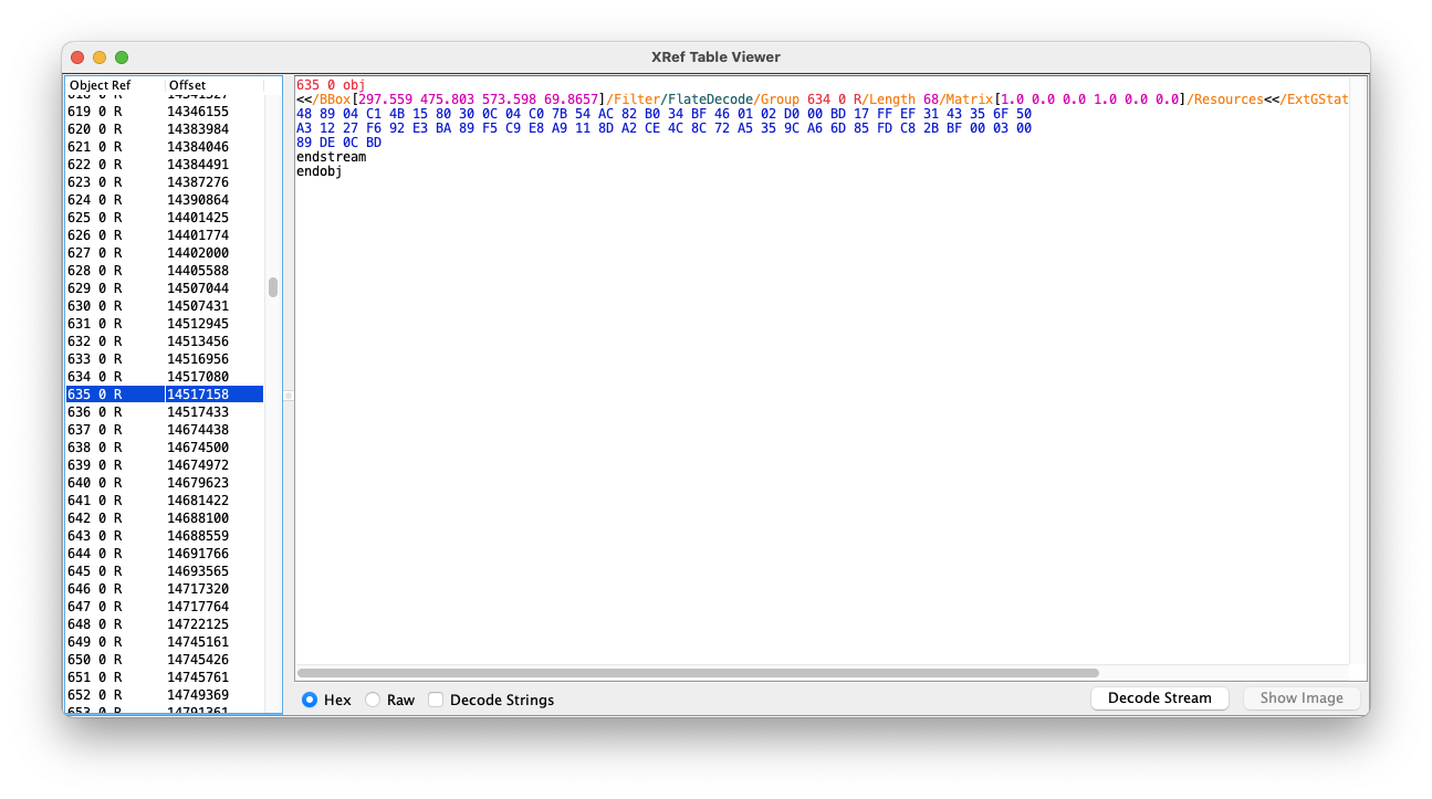 JPedal PDF Inspector showing XRef table entries and their objects
