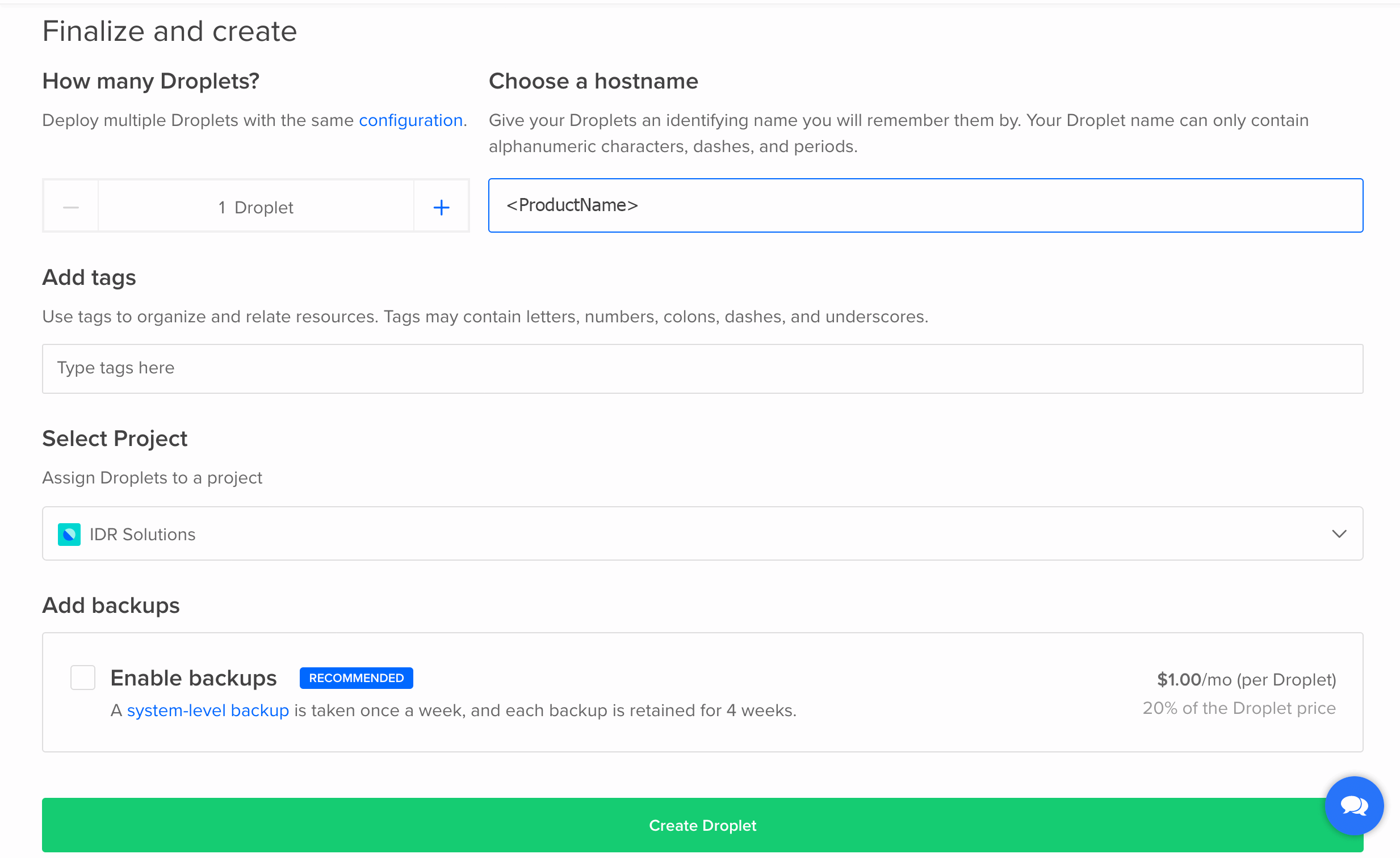 finalize and create droplet