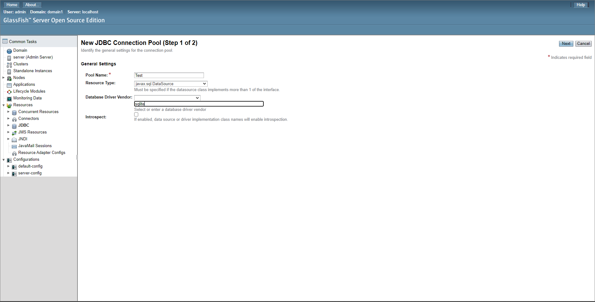 The glassfish JDBC New Connection Pool page