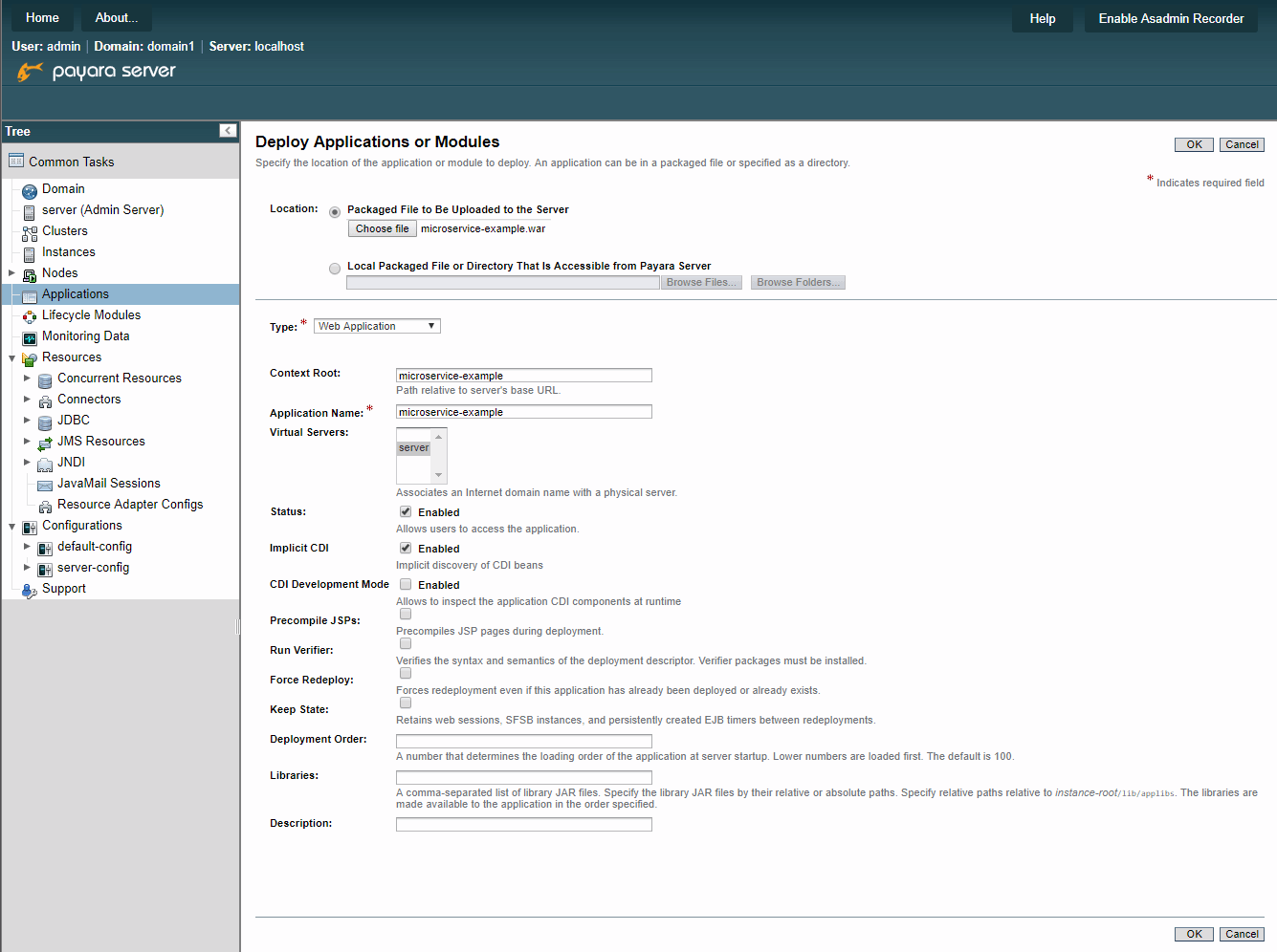 Payara Deploy Applications page