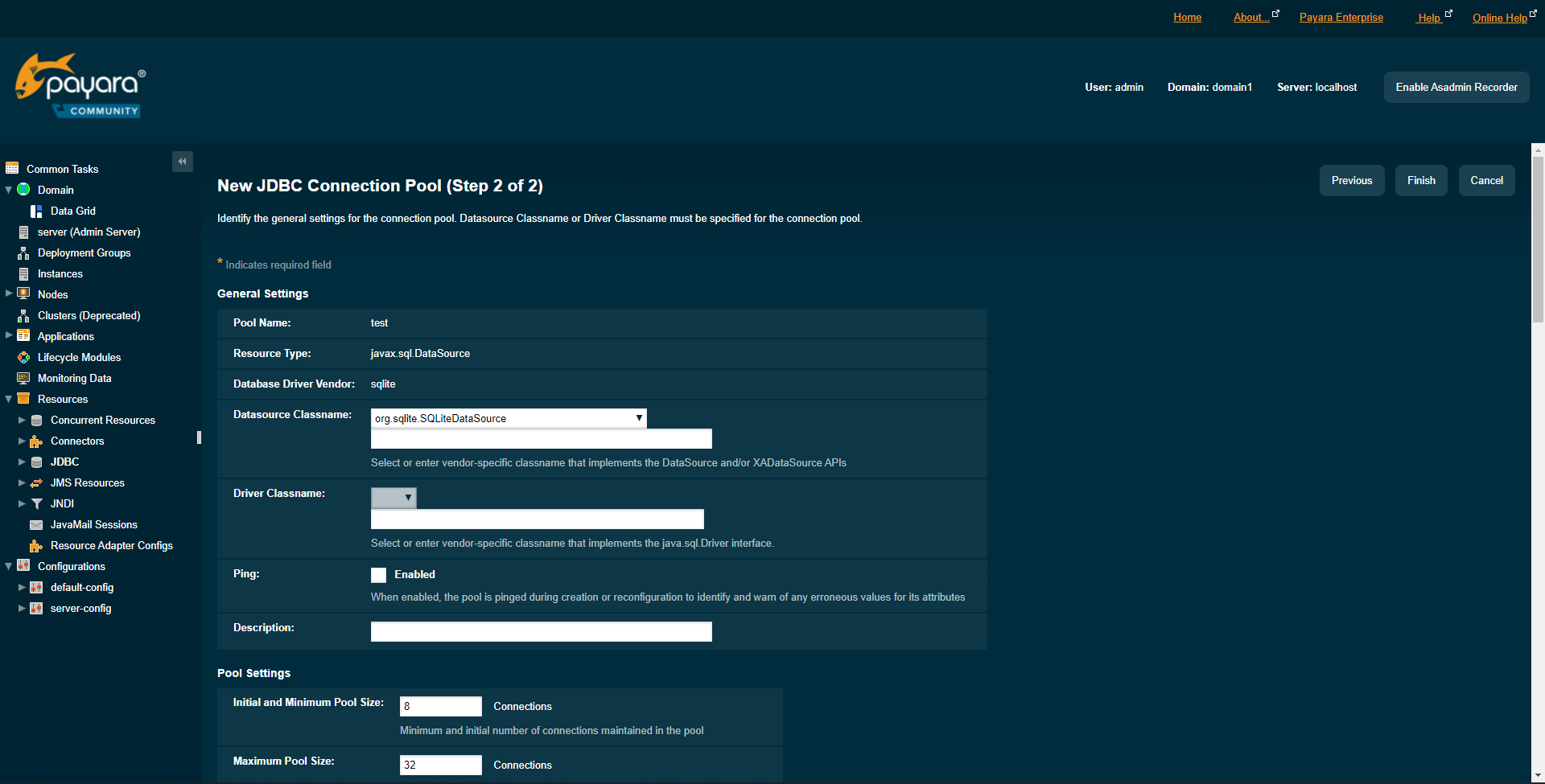 The payara JDBC New Connection Pool page 2
